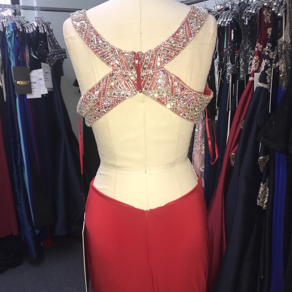 Red off the shoulder beaded gown 18021 - Picture 8 of 8